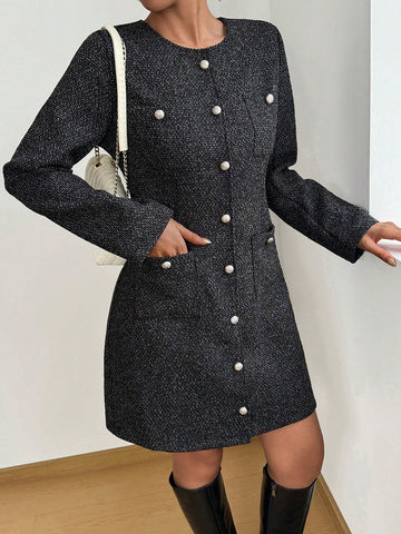 Women's Round Neck Long Sleeve Elegant Slim Single-Breasted Dress, Suitable For Spring And