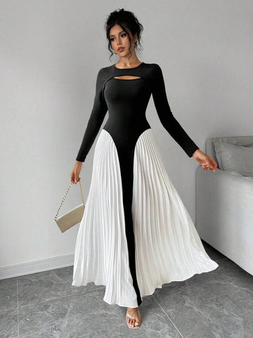 Women's Round Neck Long Sleeve Hollow-Out Contrast Color Pleated Elegant Dress