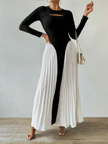 Women's Round Neck Long Sleeve Hollow-Out Contrast Color Pleated Elegant Dress