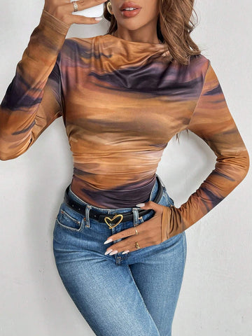 Women's Round Neck Long Sleeve Tie Dye Pattern Bodysuit, Casual Everyday Wear