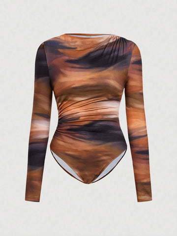 Women's Round Neck Long Sleeve Tie Dye Pattern Bodysuit, Casual Everyday Wear
