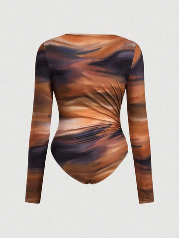 Women's Round Neck Long Sleeve Tie Dye Pattern Bodysuit, Casual Everyday Wear