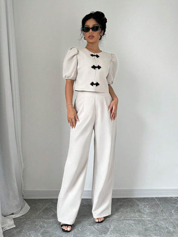 Privé Women's Round Neck Short Puff Sleeve Chinese Style Button-Up Shirt