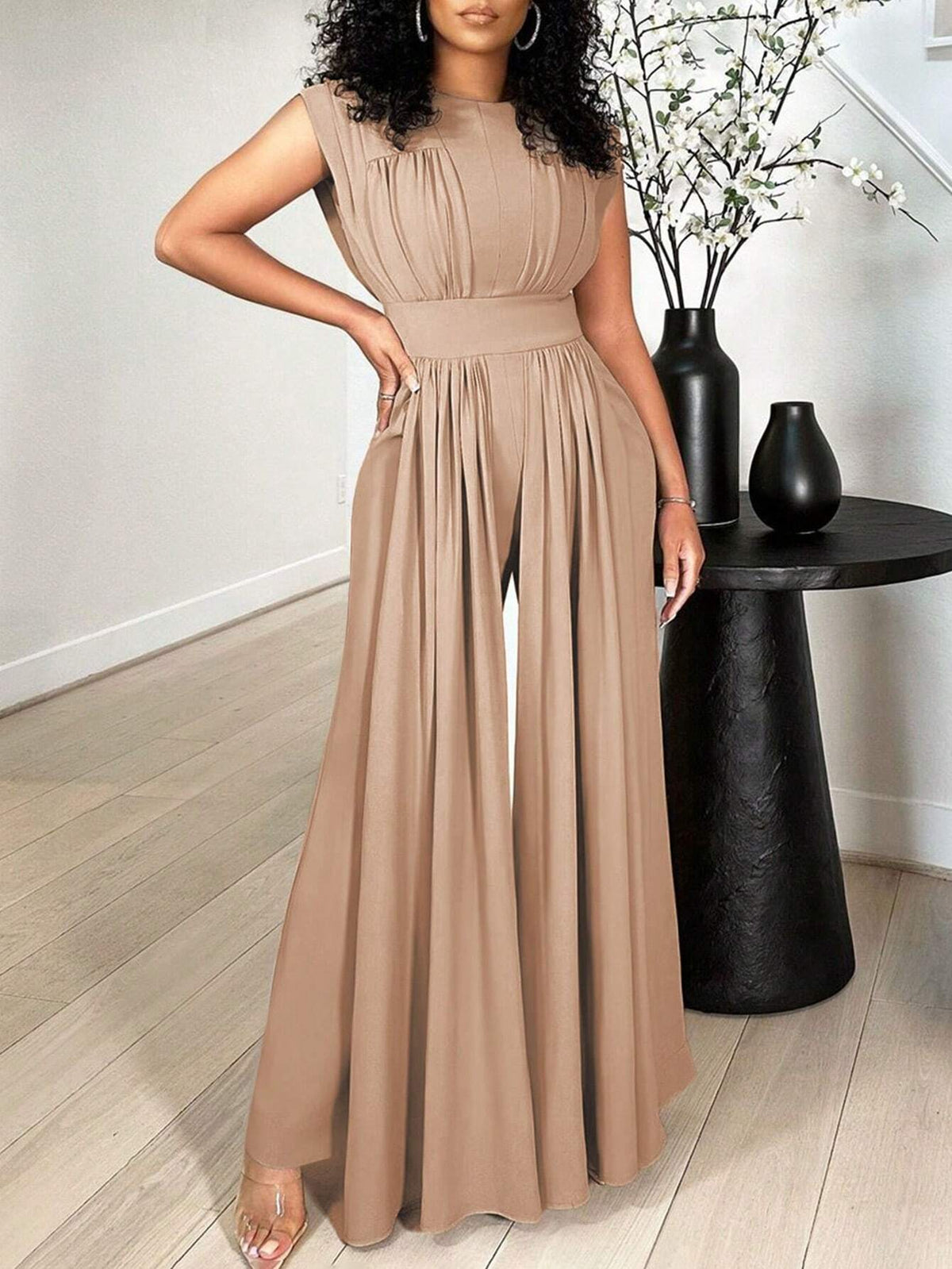 Women's Round Neck Solid Color Pleated Casual Sleeveless Jumpsuit For Daily Wear, Summer