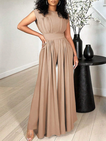 Women's Round Neck Solid Color Pleated Casual Sleeveless Jumpsuit For Daily Wear, Summer