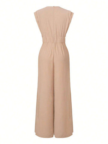 Women's Round Neck Solid Color Pleated Casual Sleeveless Jumpsuit For Daily Wear, Summer