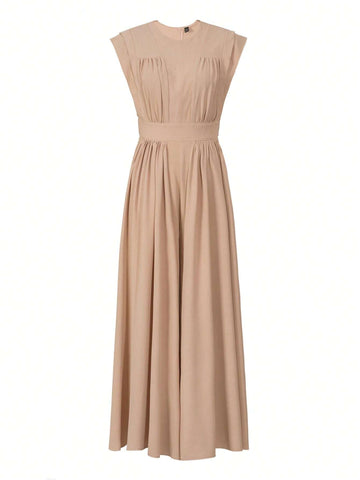 Women's Round Neck Solid Color Pleated Casual Sleeveless Jumpsuit For Daily Wear, Summer