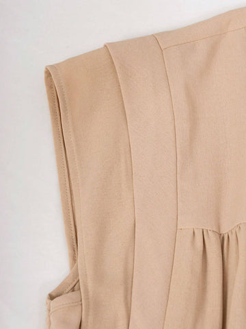 Women's Round Neck Solid Color Pleated Casual Sleeveless Jumpsuit For Daily Wear, Summer