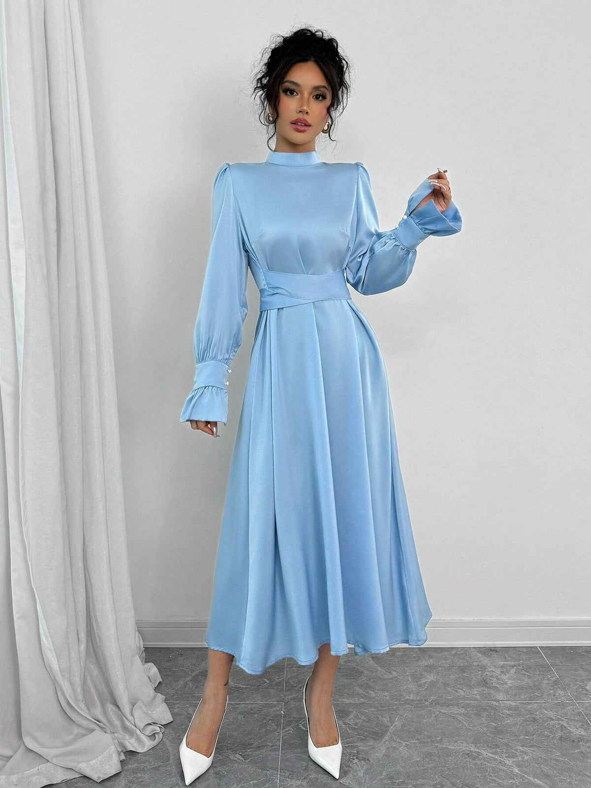 Women's Ruffle Bandage Elegant Maxi Dress Patchwork Fitted Tie-Up Solid Retro Evening Gown
