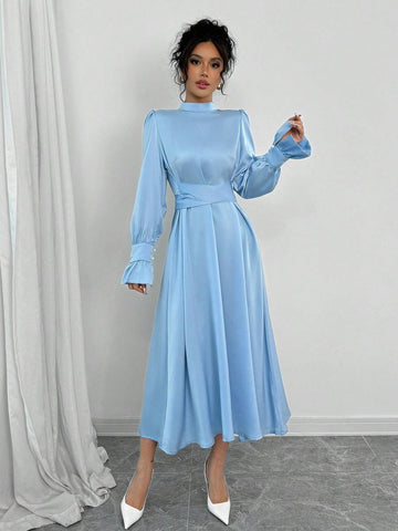 Women's Ruffle Bandage Elegant Maxi Dress Patchwork Fitted Tie-Up Solid Retro Evening Gown
