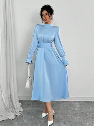 Women's Ruffle Bandage Elegant Maxi Dress Patchwork Fitted Tie-Up Solid Retro Evening Gown