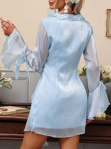 Women's Ruffle Hem Self-Tie Waist Bell Sleeve Swing Dress