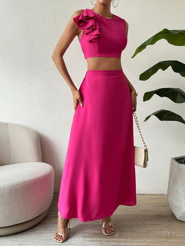 Women's Ruffle Sleeveless Summer Crop Top And Skirt Set
