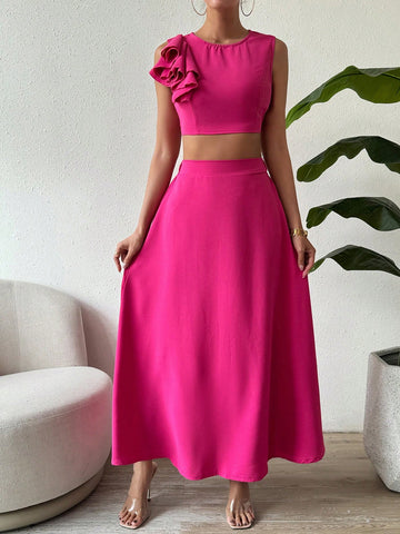 Women's Ruffle Sleeveless Summer Crop Top And Skirt Set