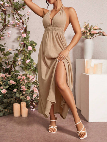 Women's Ruffled Big Open Back Halter Neck Tie Dress