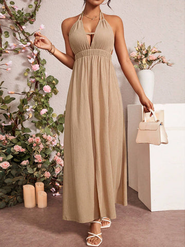 Women's Ruffled Big Open Back Halter Neck Tie Dress