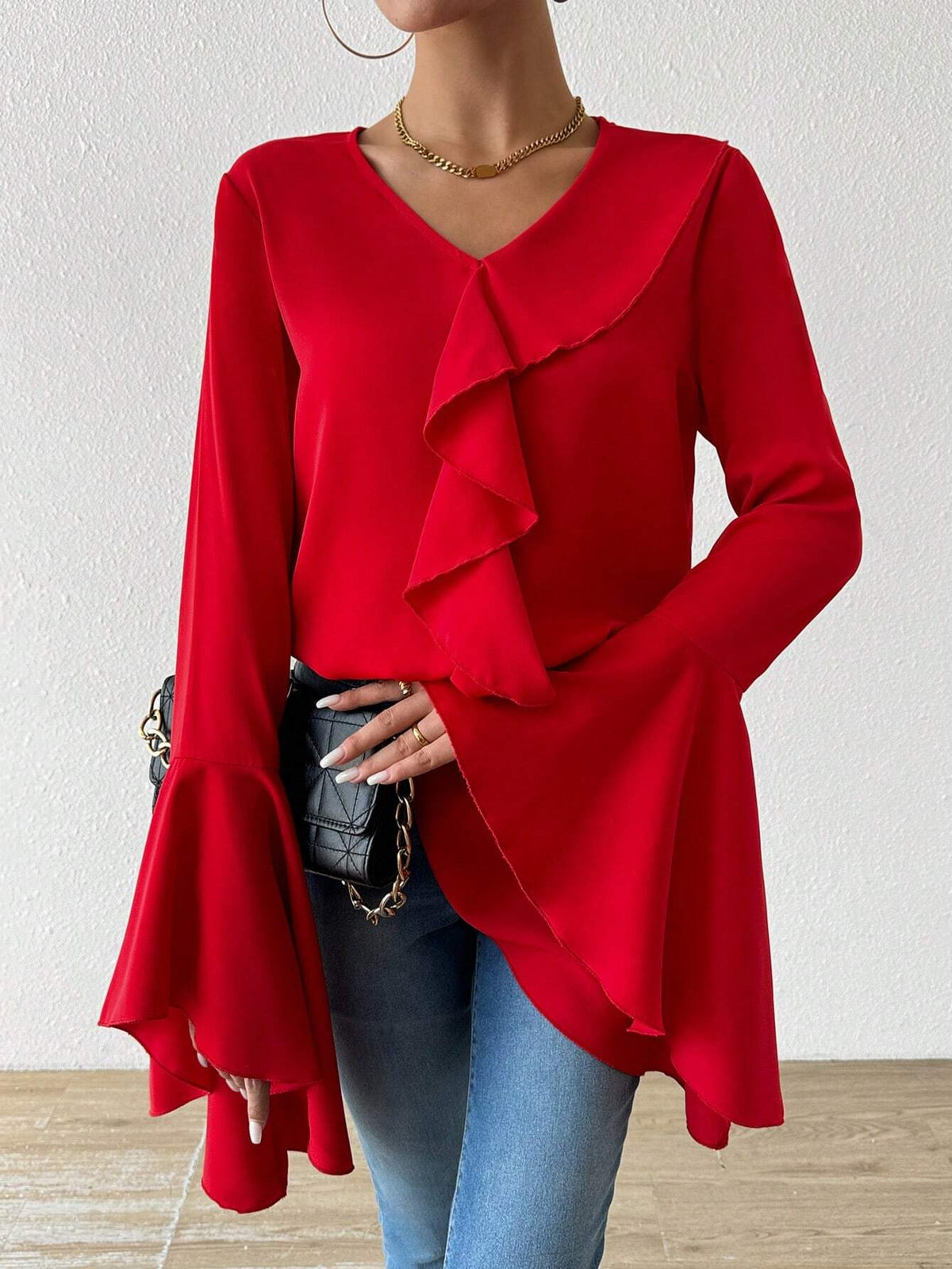 Privé Women's Ruffled V-Neck Flare Sleeve Blouse