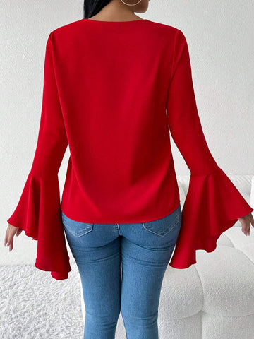 Privé Women's Ruffled V-Neck Flare Sleeve Blouse