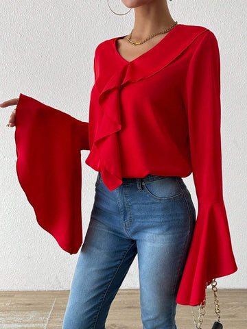 Privé Women's Ruffled V-Neck Flare Sleeve Blouse