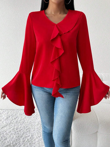 Privé Women's Ruffled V-Neck Flare Sleeve Blouse