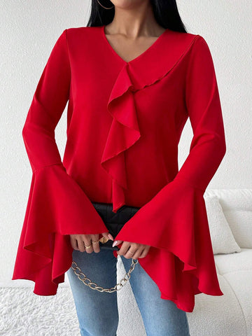 Privé Women's Ruffled V-Neck Flare Sleeve Blouse