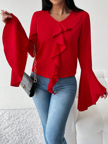 Privé Women's Ruffled V-Neck Flare Sleeve Blouse