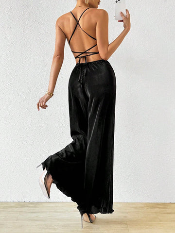 Women's Sexy Backless Cross Strap Pleated High Waisted Wide Leg Jumpsuit Pleated Fabric