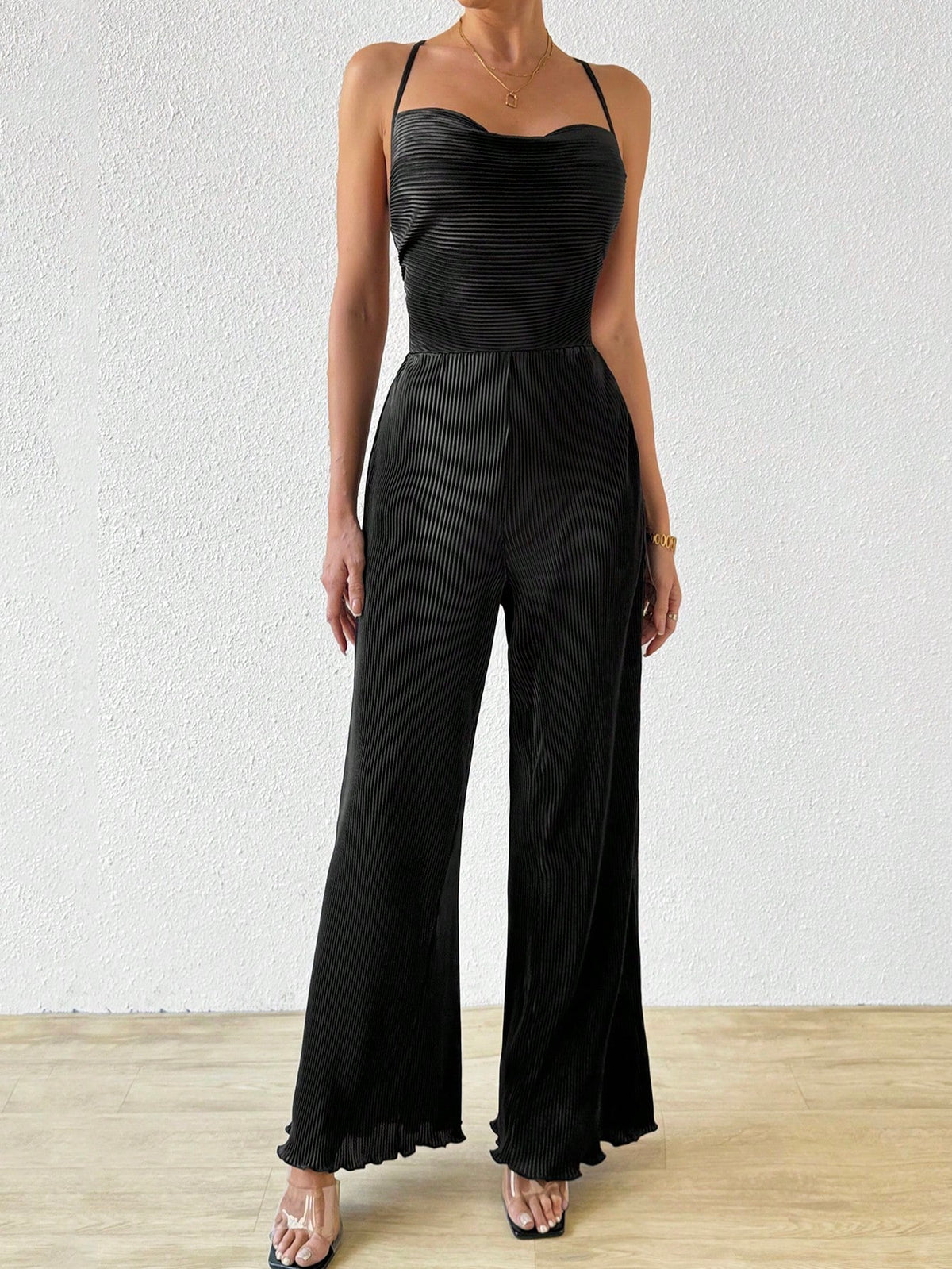 Women's Sexy Backless Cross Strap Pleated High Waisted Wide Leg Jumpsuit Pleated Fabric
