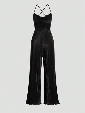 Women's Sexy Backless Cross Strap Pleated High Waisted Wide Leg Jumpsuit Pleated Fabric