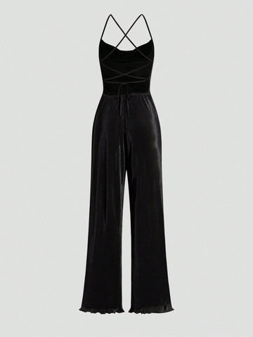 Women's Sexy Backless Cross Strap Pleated High Waisted Wide Leg Jumpsuit Pleated Fabric