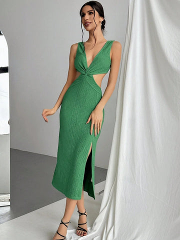 Women's Sexy Deep V Neck Hollow Out Slit Maxi Dress For Enhancing Body Shape And Lengthening Legs