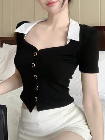 Privé Women's Sexy Low-Neck Black And White Contrast Cardigan Short-Sleeved T-Shirt