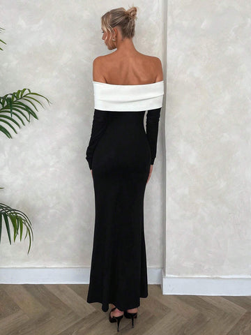 Women's Sexy & Elegant Black And White Contrast Off Shoulder Long Sleeve Fishtail Dress