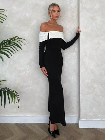 Women's Sexy & Elegant Black And White Contrast Off Shoulder Long Sleeve Fishtail Dress