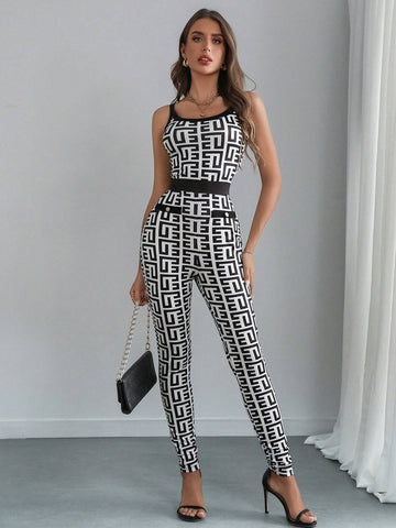 Women's Sexy & Elegant Black & White Contrast Jumpsuit With Deep U-Neck