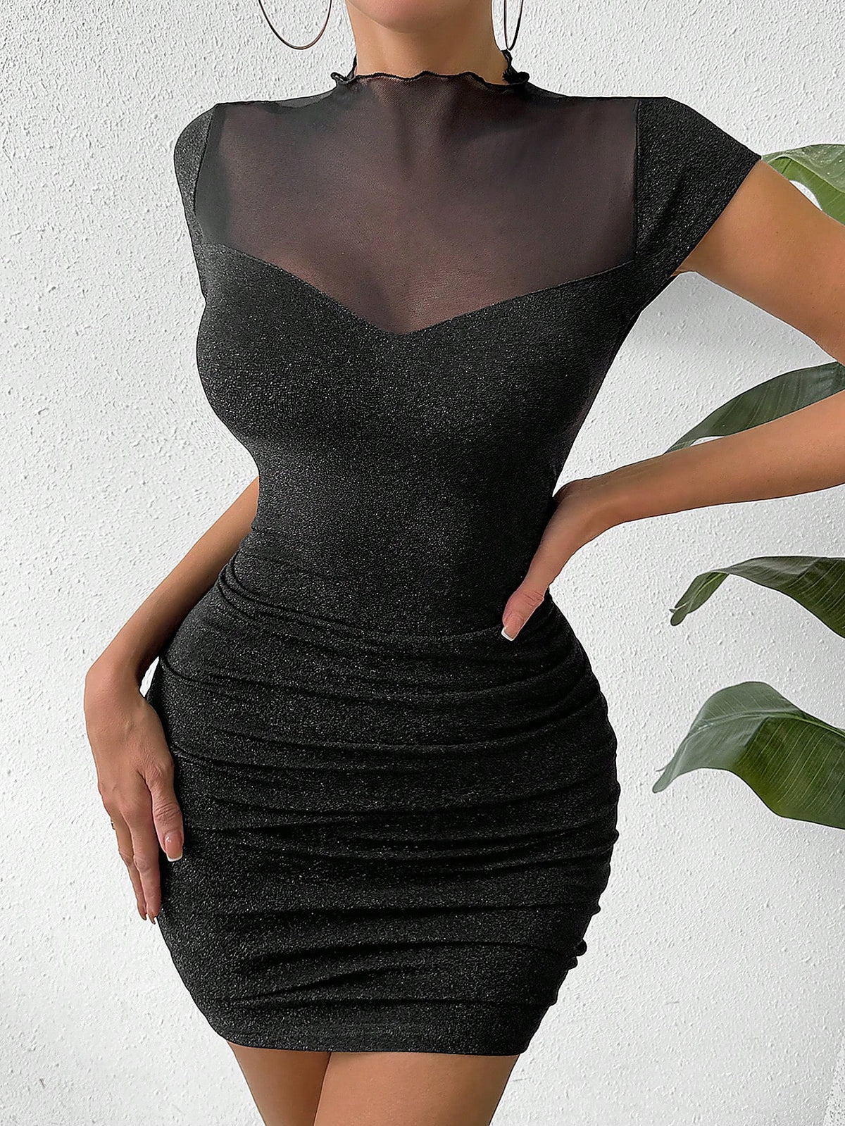 Women's Sheer Mesh Splicing Shiny Ruched Bodycon Dress
