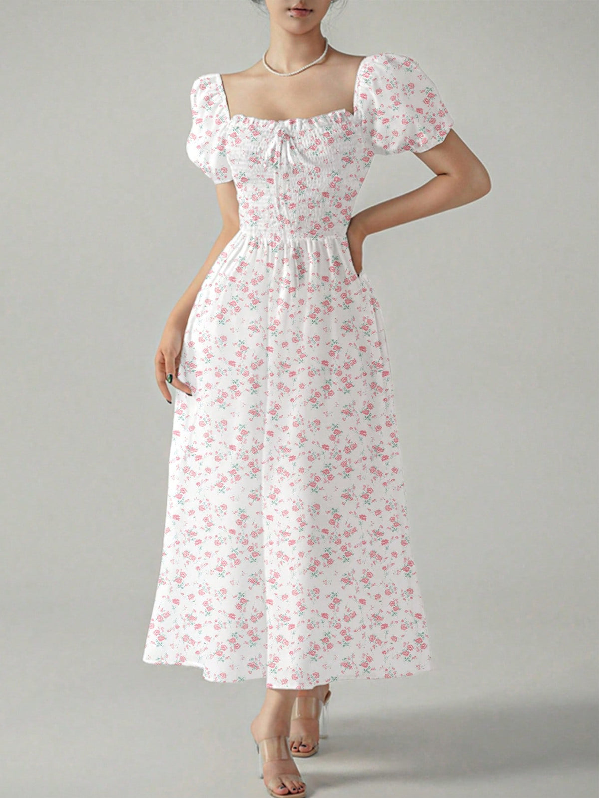 Women's Short Floral Print Bubble Sleeve Dress