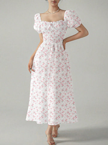 Women's Short Floral Print Bubble Sleeve Dress