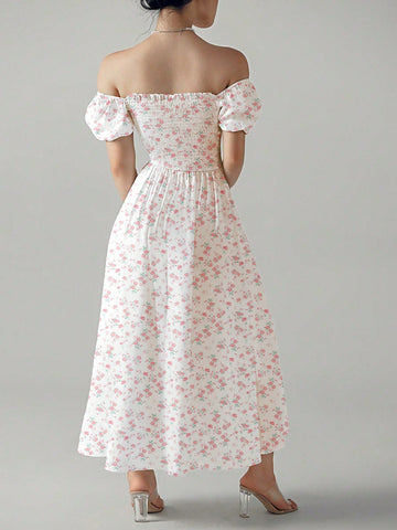 Women's Short Floral Print Bubble Sleeve Dress