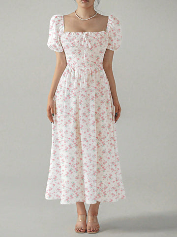 Women's Short Floral Print Bubble Sleeve Dress