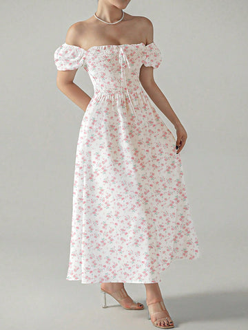 Women's Short Floral Print Bubble Sleeve Dress