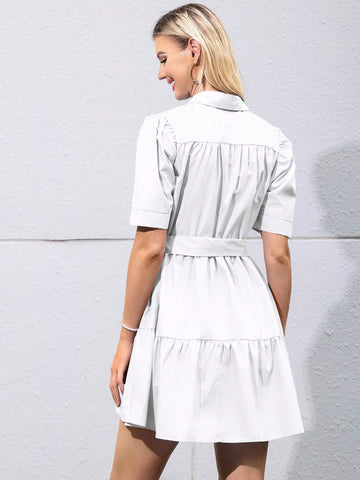 Women's Short Puff Sleeve Dress With Single-Breasted Button