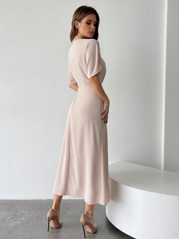 Women's Short Sleeve Peach Pleated Dress With Draped Neckline
