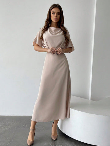 Women's Short Sleeve Peach Pleated Dress With Draped Neckline