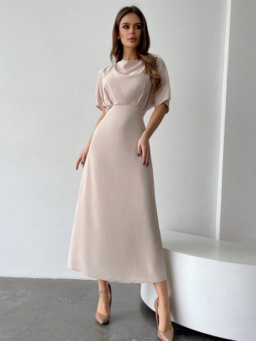 Women's Short Sleeve Peach Pleated Dress With Draped Neckline