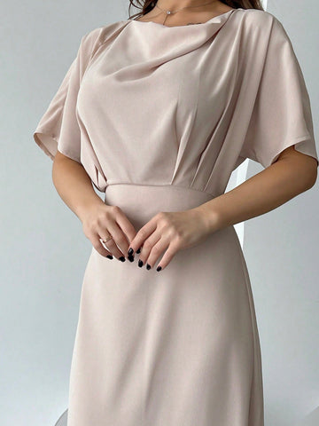Women's Short Sleeve Peach Pleated Dress With Draped Neckline