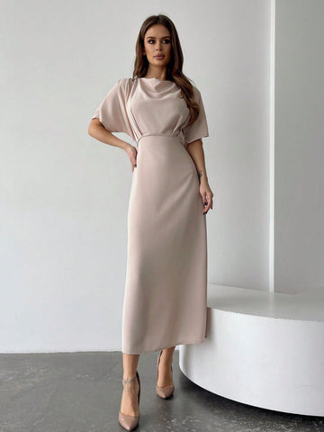 Women's Short Sleeve Peach Pleated Dress With Draped Neckline
