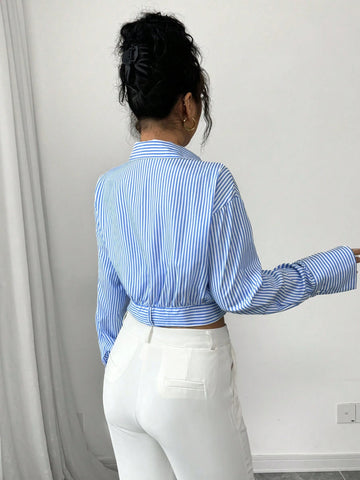 Privé Women's Short Striped Collar Shirt, Striped Shirt, Blue Striped Shirt, Casual Fashion Short Shirt