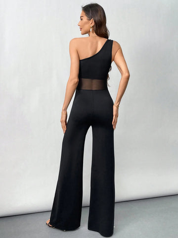 Women's Simple Elegant Black One Shoulder Mesh Flared Jumpsuit Jumpsuit