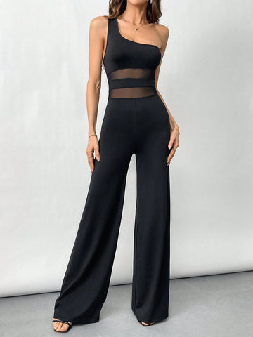 Women's Simple Elegant Black One Shoulder Mesh Flared Jumpsuit Jumpsuit